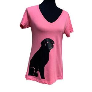 New Womens Large Hand Printed Black Lab Puppy Dog V-Neck Cotton Blend Tee Shirt